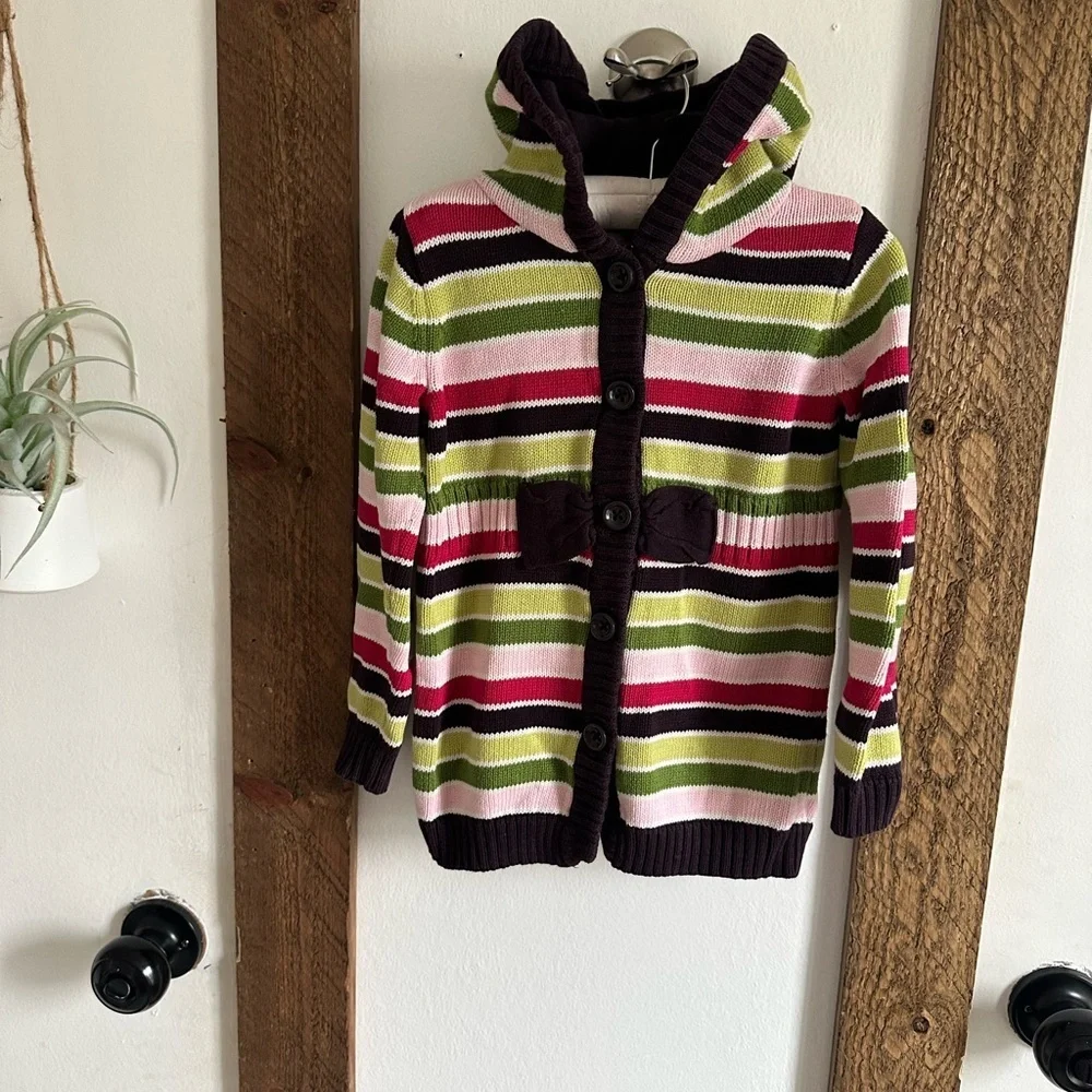 Y2K Gymboree 100% Cotton Knit Hooded Striped Sweater Size xs 3/4 Girl